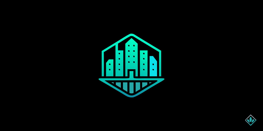 Modern cityscape logo in a teal gradient, introducing the top corporate wellness companies.