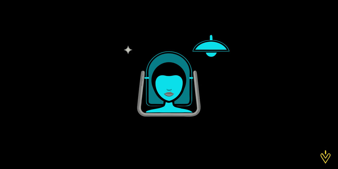 Woman under a blue light therapy lamp for clear skin and better sleep benefits.