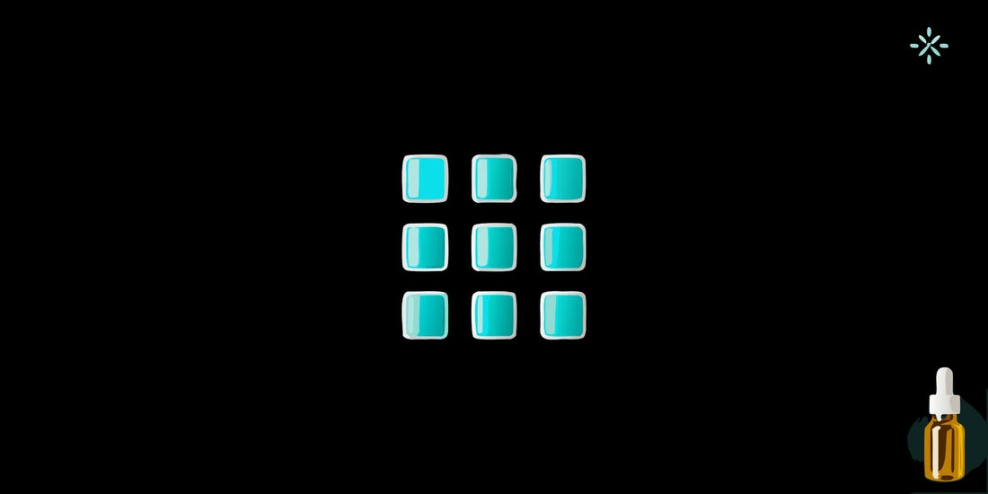 A dropper bottle and nine squares representing supplements to increase mitochondria for more energy.