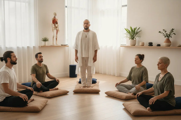 Facilitator guiding a breathwork group during an accredited breathwork certification session