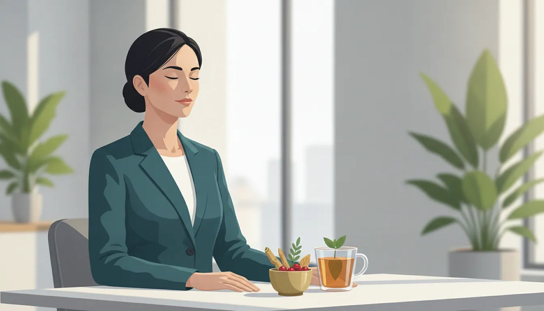 Focused professional resting calmly at a desk beside adaptogen herb tea