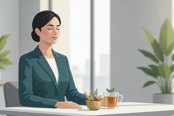 Focused professional resting calmly at a desk beside adaptogen herb tea