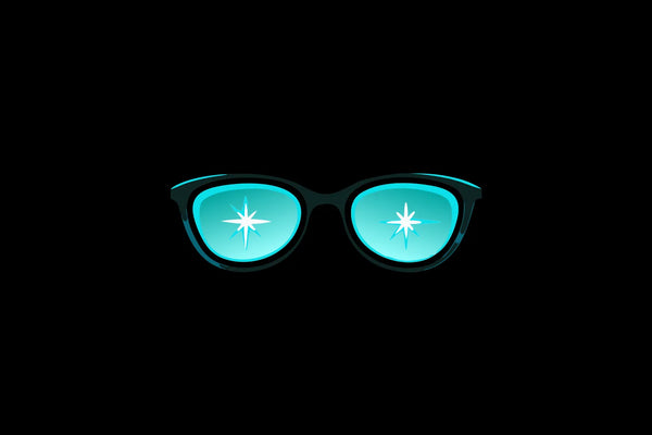 A pair of blue light glasses with glowing lenses, considering if blue light is bad for your eyes.