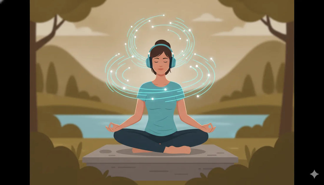 Person in calm meditation wearing headphones with soft sound waves radiating around the head