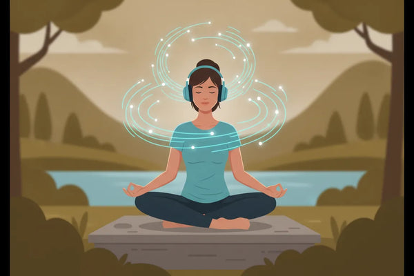 Person in calm meditation wearing headphones with soft sound waves radiating around the head