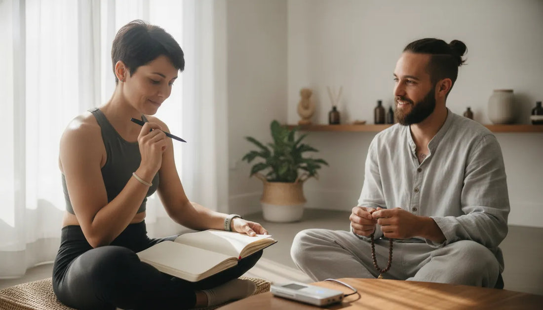 Learner exploring biohacking education with a mentor in a wellness studio