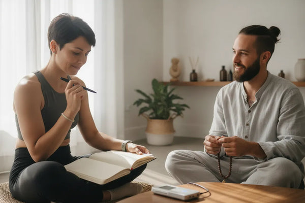 Learner exploring biohacking education with a mentor in a wellness studio