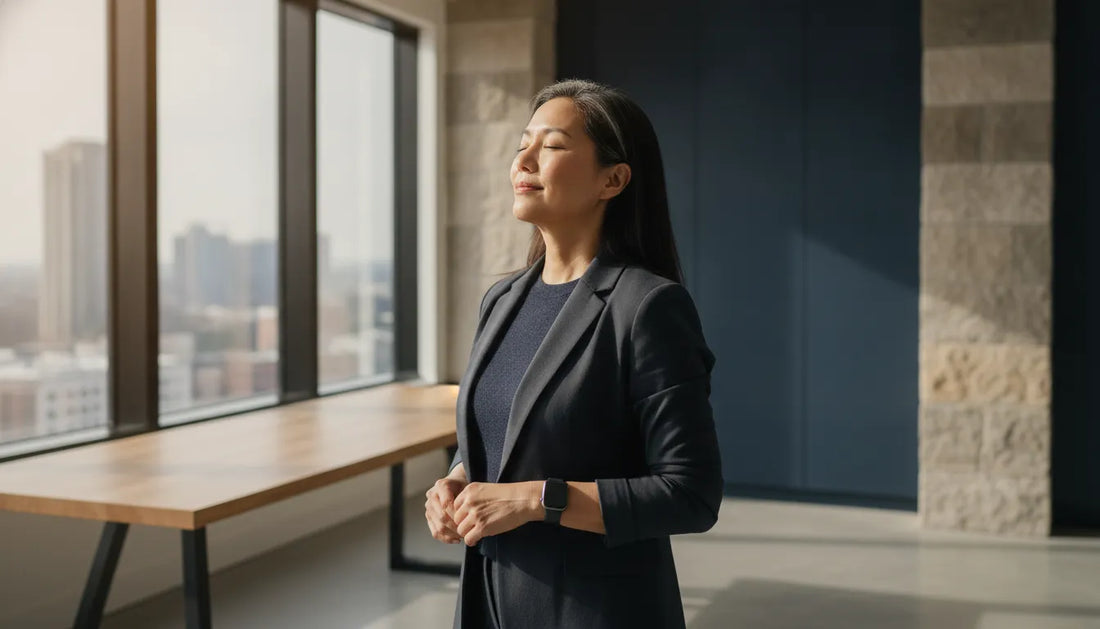 Executive practicing a calm, focused biohacking protocol in a modern workspace