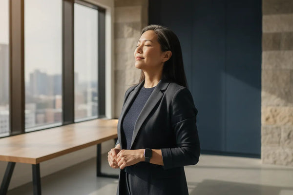 Executive practicing a calm, focused biohacking protocol in a modern workspace