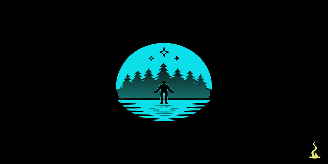 Person emerging from a cold plunge in a serene natural setting at sunrise