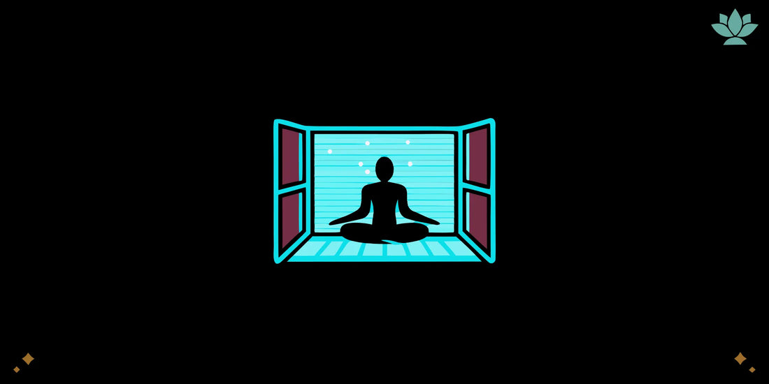 Person meditating in a wellness studio bathed in soft red, blue, and full-spectrum light therapy panels