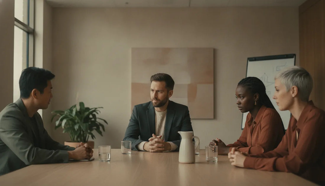 Executive leadership team practicing attentive, regulation-informed collaboration in a modern boardroom
