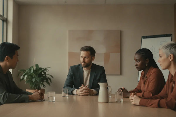 Executive leadership team practicing attentive, regulation-informed collaboration in a modern boardroom
