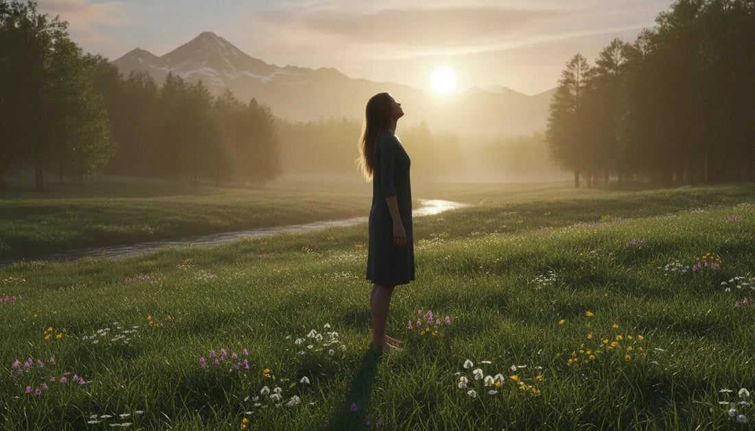 Person standing barefoot on a sunlit grassy lawn at dawn, grounded and calm