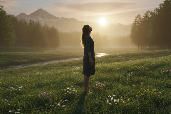 Person standing barefoot on a sunlit grassy lawn at dawn, grounded and calm