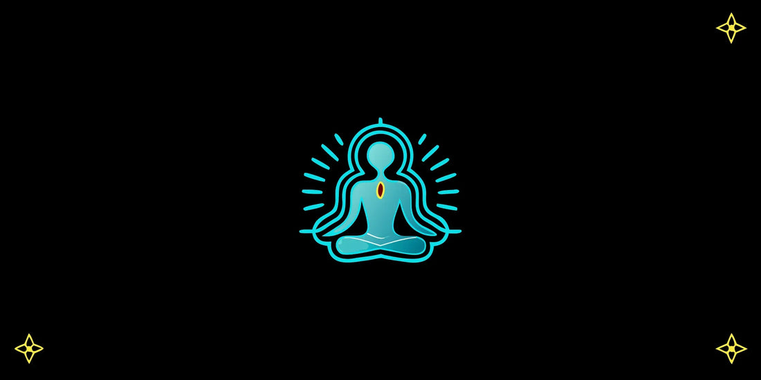 A corporate executive in a modern high-rise office, sitting in a calm, mindful pose with energy flow and brainwaves surrounding their head