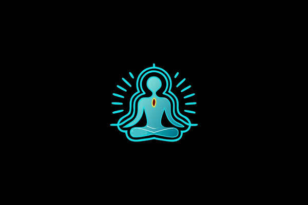 A corporate executive in a modern high-rise office, sitting in a calm, mindful pose with energy flow and brainwaves surrounding their head