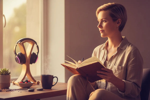 Woman reviewing a wellness journal in natural light
