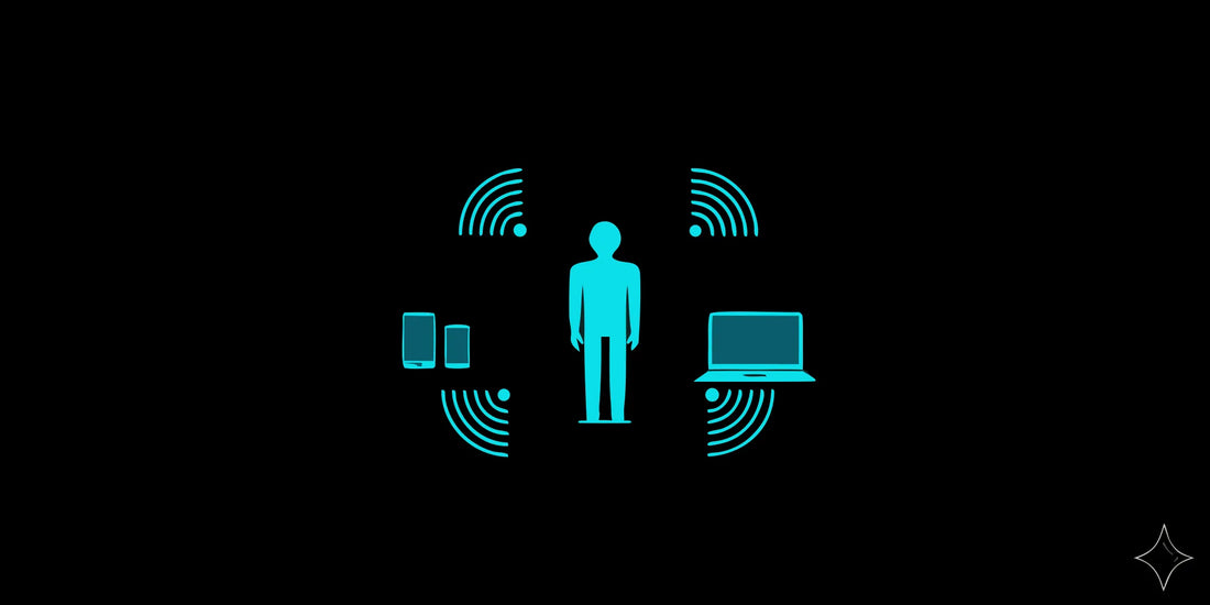 Person in a modern living room surrounded by subtle blue electromagnetic field waves from a WiFi router and smartphone