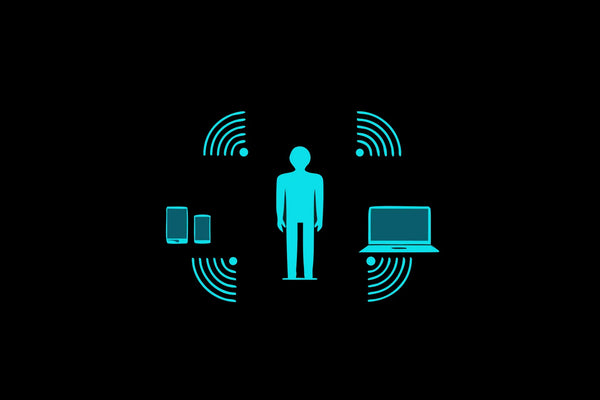 Person in a modern living room surrounded by subtle blue electromagnetic field waves from a WiFi router and smartphone