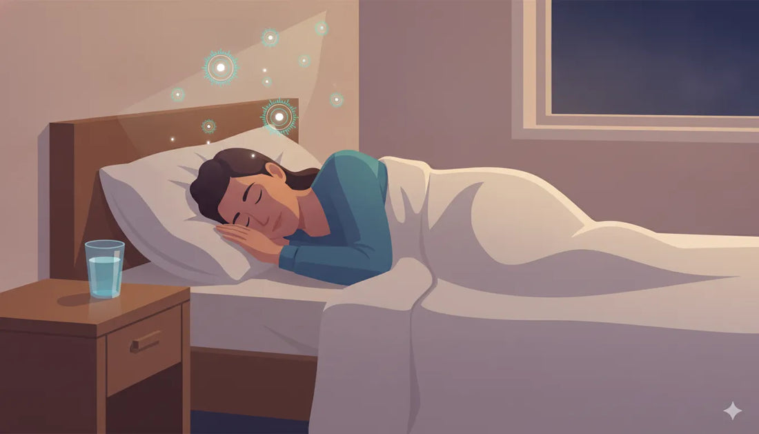 A calm person sleeping peacefully with a glass of water beside the bed, illustrating magnesium for sleep and anxiety support during evening recovery
