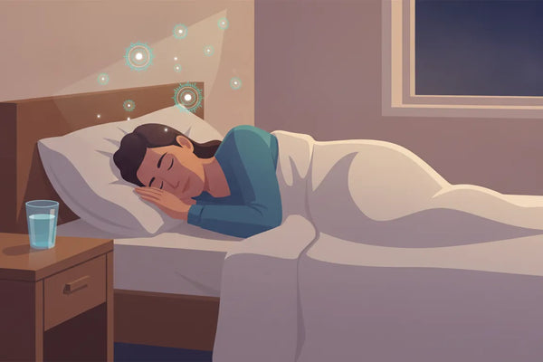 A calm person sleeping peacefully with a glass of water beside the bed, illustrating magnesium for sleep and anxiety support during evening recovery