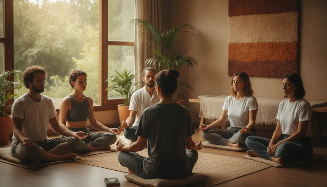 Meditation teacher guiding a small group through an embodied practice