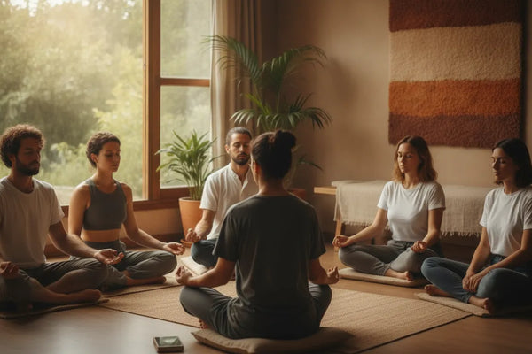 Meditation teacher guiding a small group through an embodied practice
