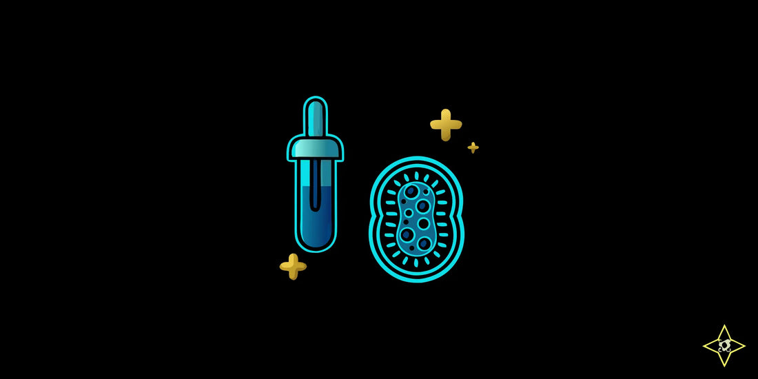 Blue dropper bottle beside a glowing mitochondrion