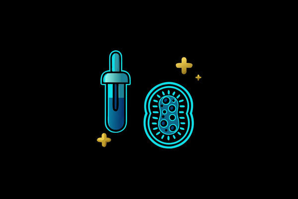 Blue dropper bottle beside a glowing mitochondrion