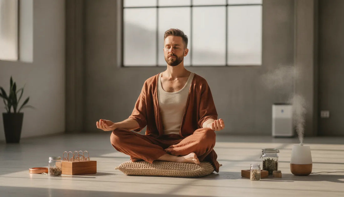 Person practicing mindful awareness in a bright natural studio