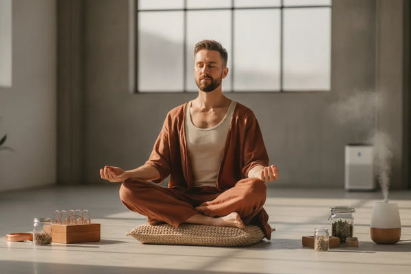 Person practicing mindful awareness in a bright natural studio