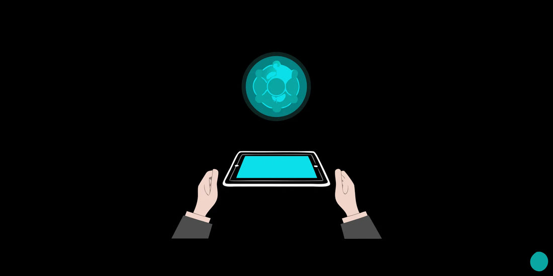 Hands holding a tablet displaying a glowing mitochondrion for mitochondrial optimization.