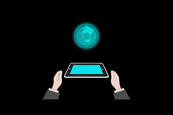 Hands holding a tablet displaying a glowing mitochondrion for mitochondrial optimization.