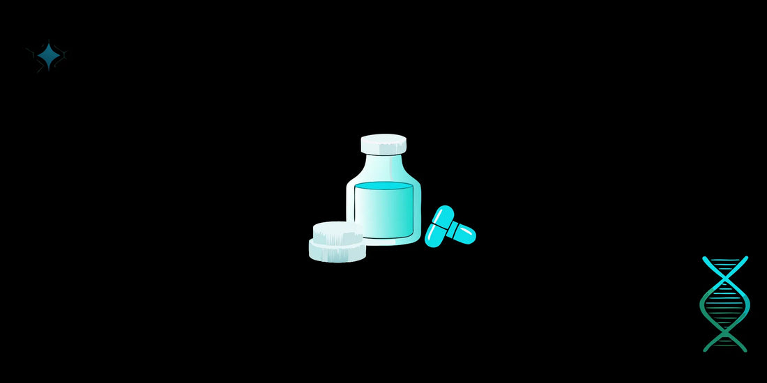 A bottle of NAD plus supplement with capsules and a DNA helix, supporting cellular energy and healthy aging.