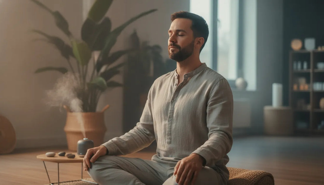 Executive practicing breathwork in a calm modern wellness studio