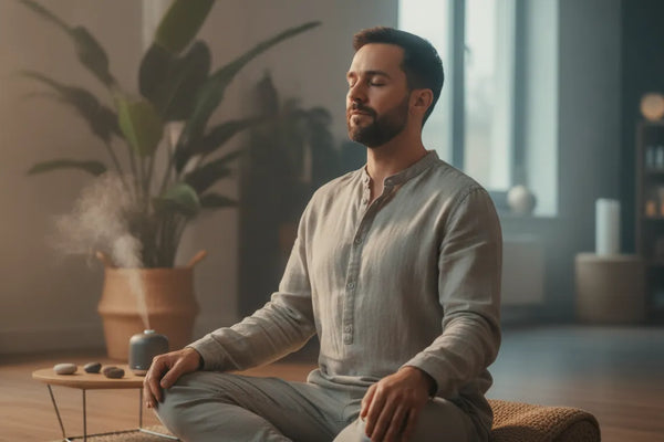 Executive practicing breathwork in a calm modern wellness studio