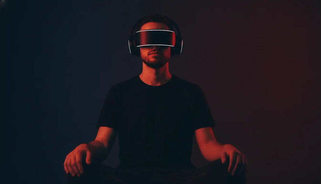 Person wearing a NeuroVIZR-style audio-visual brainwave entrainment headset in a dark, calm room
