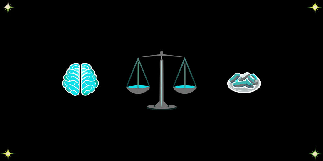 A brain and pills on a scale, weighing the serious side effects of nootropics.