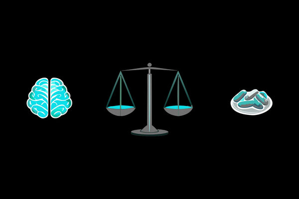 A brain and pills on a scale, weighing the serious side effects of nootropics.