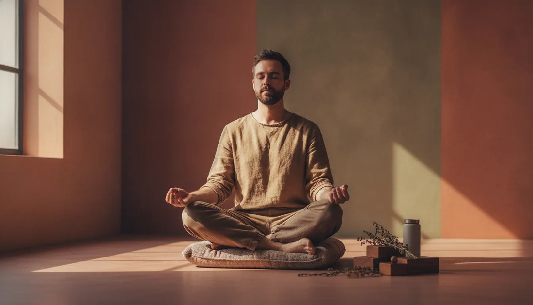 Person practicing meditation in a calm natural setting