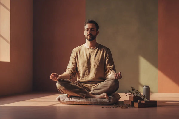 Person practicing meditation in a calm natural setting