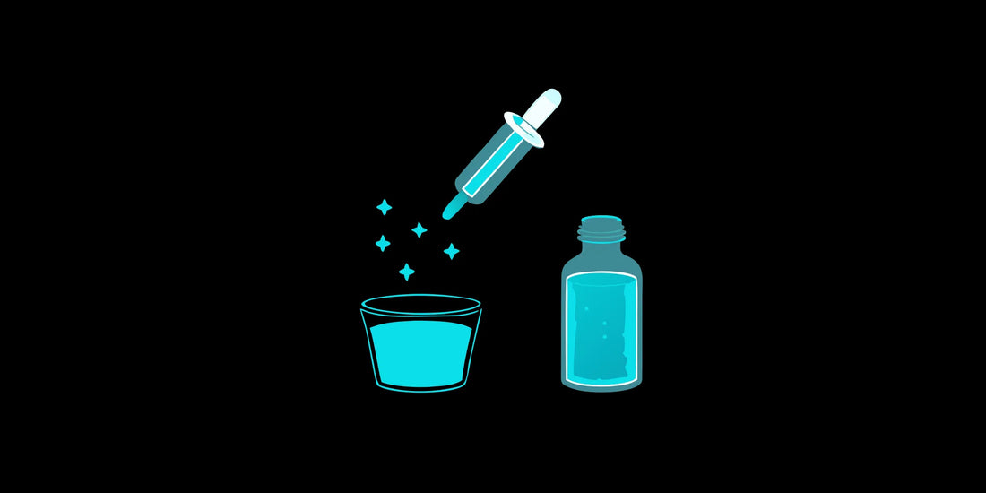 Carefully measuring an oral dosage of methylene blue into a glass.