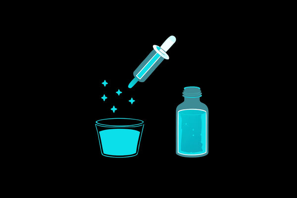 Carefully measuring an oral dosage of methylene blue into a glass.