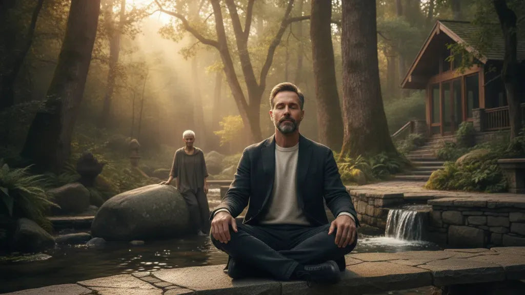 Executive evaluating a psychedelic retreat in a quiet forest setting