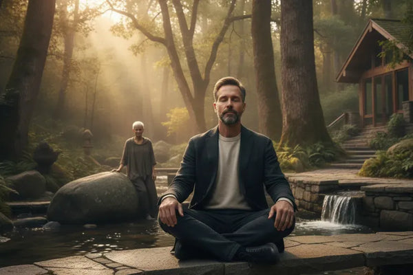 Executive evaluating a psychedelic retreat in a quiet forest setting