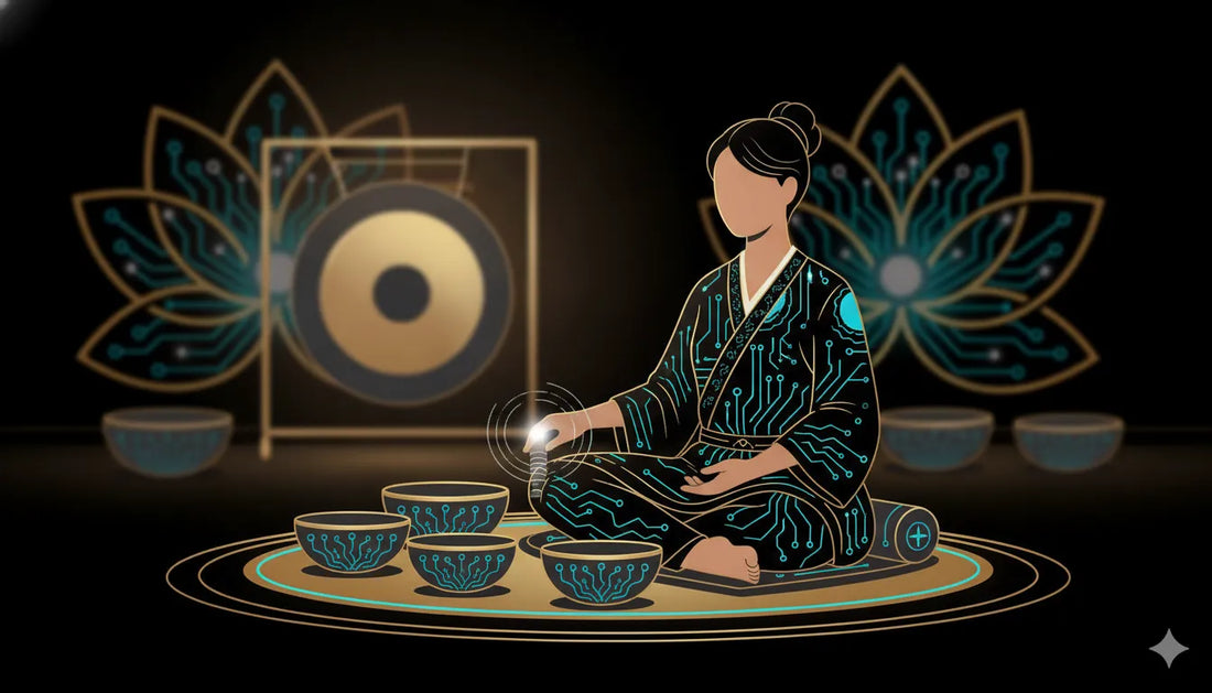 A sound bath practitioner guiding a session with singing bowls in a softly lit meditation studio