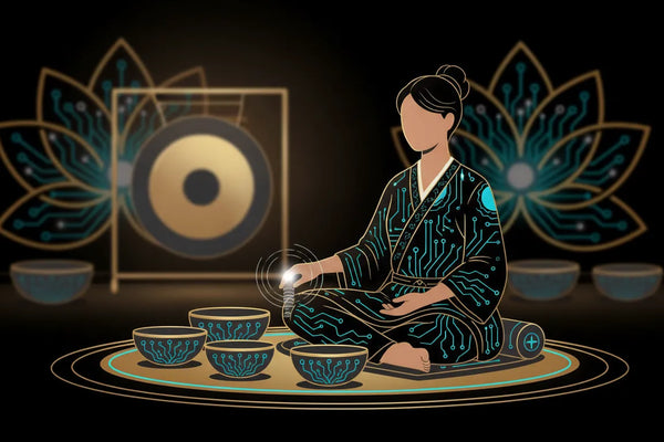 A sound bath practitioner guiding a session with singing bowls in a softly lit meditation studio