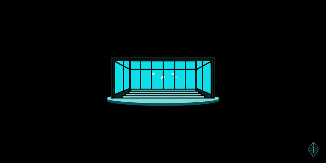 A modern conference hall with blue lighting prepared for a top biohacking event.