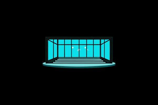 A modern conference hall with blue lighting prepared for a top biohacking event.